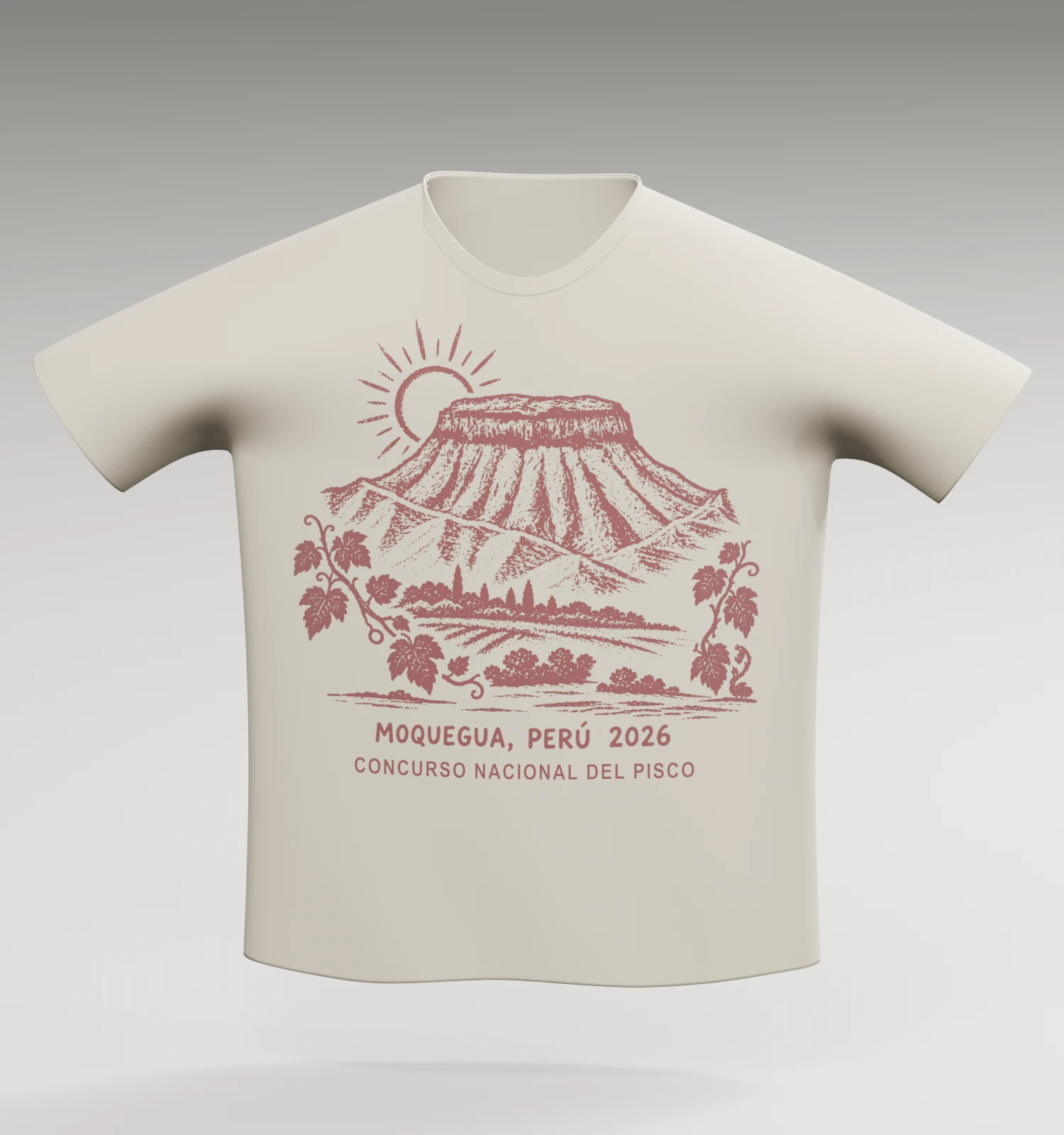 Render del polo crema con el diseño del Cerro Baúl