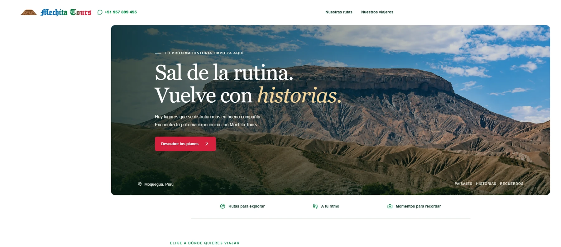 Página web de Mechita Tours, con el paisaje del Cerro Baúl como protagonista