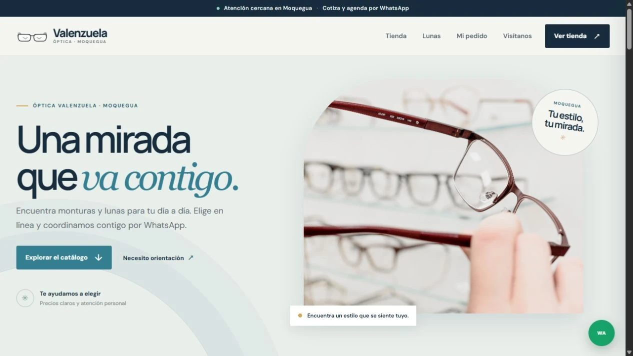 Portada de la tienda óptica Valenzuela con su propuesta de monturas y atención visual